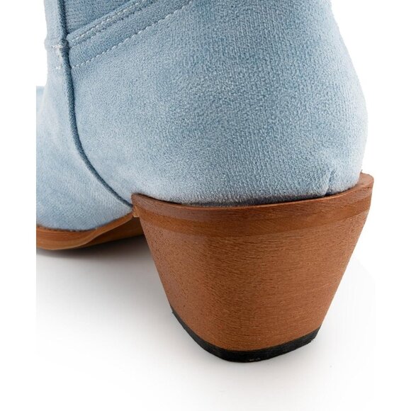 Women's Faux Suede Pointed Heeled Western Wide Calf Embroidered Light Blue Boots - Picture 7 of 7